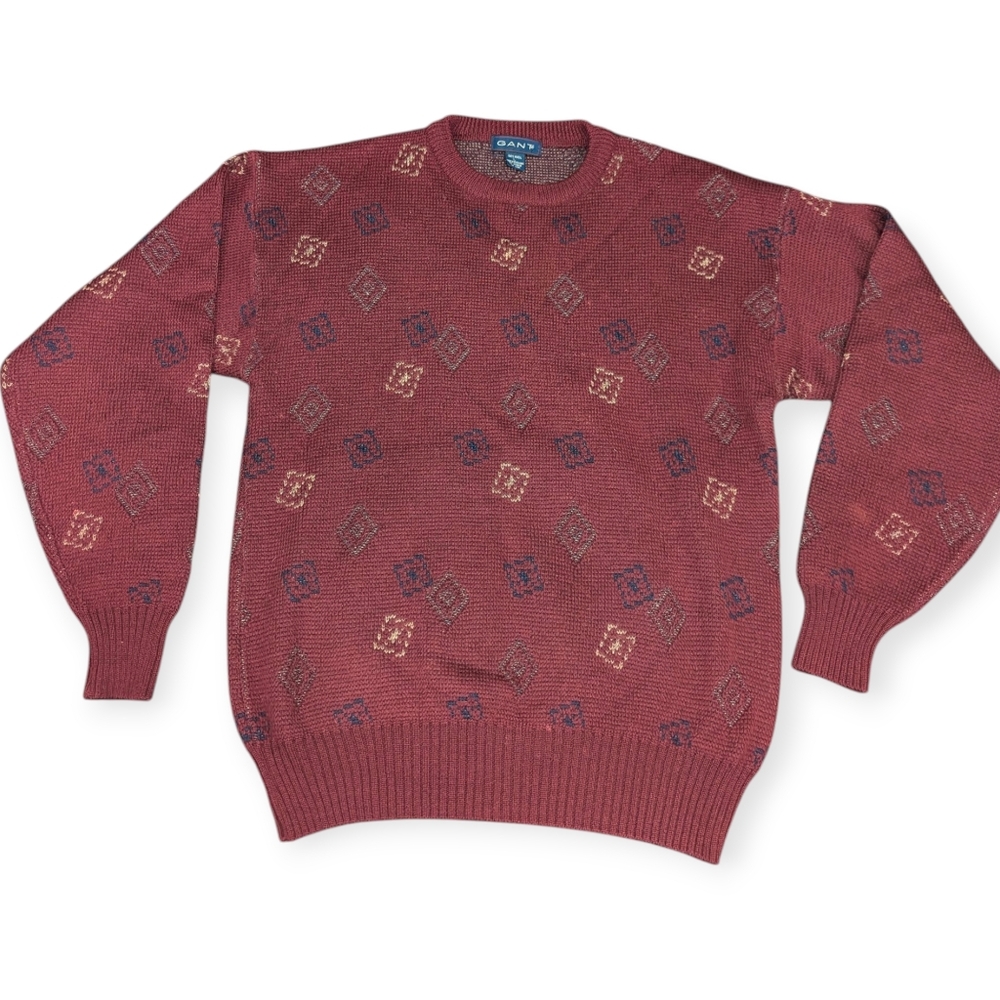 Vintage Wool Grandpa Sweater Burgundy with geometric pattern GANT tag size large